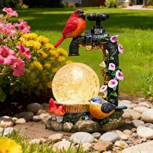 Solar Bird Garden Decor with Crackle Globe