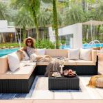 Pamapic 7 Pieces Outdoor Sectional Furniture，Wicker Patio sectional Furniture Sets，All-Weather Rattan Sectional Sofa Conversation Set with Coffee Table and Washable Couch Cushions Covers