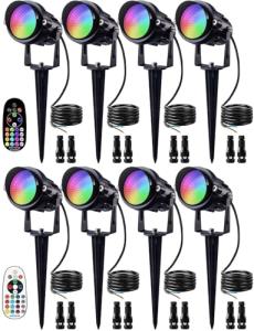 SUNVIE Christmas 12W RGB Color Changing Landscape Lights Low Voltage LED Landscape Lighting Remote Control Spotlight Waterproof Garden Pathway Christmas Decoration Outdoor, 8 Pack with Connector