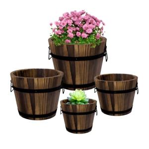 Adnee 4 Pack Wooden Whiskey Barrel Planters - 4 Sizes Wooden Bucket Barrel Garden Planters Set - Rustic Flower Planters Pots Container for Indoor Outdoor Garden Home Plants(4.7",6.1",7.1",9")