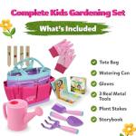 Pink Kids Gardening Tools - includes Sturdy Tote Bag, Watering Can, Gloves, Shovels, Garden Stakes, and a Delightful Children's Book "How to" Garden Tale - Kids Garden Tool set for toddler age on up.
