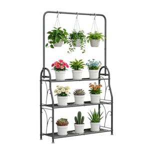 SORCEDAS Plant Stand Indoor Outdoor 3 Tier Tall Corner Hanging Plant Shelf Metal Flower Stands Ladder Plant Holder for Living Room Balcony Garden Patio Multiple Plants, Dark Grey