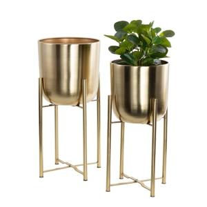 CosmoLiving by Cosmopolitan Metal Indoor Outdoor Planter Dome Large Planter Pot with Removable Stand, Set of 2 Planters 19", 22"H, Gold