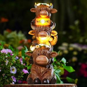 Thanksgiving Highland Cow Statue Solar Outdoor Decor with Flower Decoration Funny Triple Highland Cow Decor Birthday Gifts for Women Mom Highland Cows Figurine for Yard Garden Lawn Christmas Decor