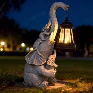 Hulonrua Solar Garden Outdoor Statues Lights Elephant Garden Sculptures Birthday Housewarming Gifts for Women Mom Grandma for Patio Yard Lawn Backyard Decorations