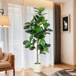 VIVATREES 6FT Fiddle Leaf Fig Artificial Tree with White Planter Pot,Faux Floor Plant, Indoor and Outdoor Fake Plants for Home Office Decor