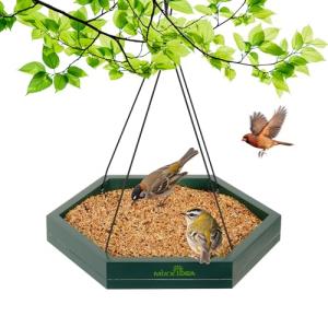 MIXXIDEA Platform Bird Feeder Tray, Hanging Bird Feeders for Outdoors, Wooden Seed Tray Mesh Seed Platform for Garden Yard Outside Decoration Attracting for Wild Birds (1pk-Green)