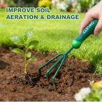Owlett Garden Hand Rake, 3 Prong Hand Cultivator Garden Tool with Ergonomic Rubber Handle, Manual Small Hand Rake Soil Tiller for Digging, Aerating Soil, Weeding, Cultivating with Hanging Hole