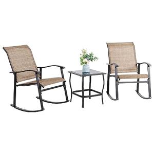 Vongrasig 3 Piece Outdoor Rocking Bistro Set, Textilene Fabric Small Patio Furniture Set, Front Porch Rocker Chairs Conversation Set with Glass Table for Lawn, Garden, Balcony, Poolside (Brown)