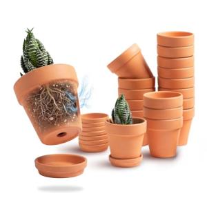 HERDUK 3 inch Terracotta Clay Pots Pack of 18, Small Plant Pots with Drainage Holes and Saucers, Mini Nursery Plant Pots for Succulents, Cactus, Indoor,Outdoor,Halloween Decor
