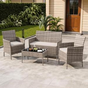 GAOMON 4-Piece Patio Furniture Set, Modern PE Rattan Conversation Set with 2 Chairs, Loveseat & Tempered Glass Coffee Table, All-Weather Outdoor Seating for Garden, Porch, Balcony, Poolside
