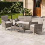 GAOMON 4-Piece Patio Furniture Set, Modern PE Rattan Conversation Set with 2 Chairs, Loveseat & Tempered Glass Coffee Table, All-Weather Outdoor Seating for Garden, Porch, Balcony, Poolside