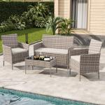 GAOMON 4-Piece Patio Furniture Set, Modern PE Rattan Conversation Set with 2 Chairs, Loveseat & Tempered Glass Coffee Table, All-Weather Outdoor Seating for Garden, Porch, Balcony, Poolside