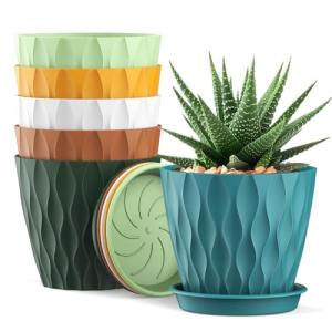 4 Inch Small Pots for Plants, 6 Pack Waffle Texture Small Plant Pots for Succulents, Plastic Planter with Drainage Holes and Saucers for Indoor Outdoor Plants, Flowers, Herbs, Seedlings, Colorful