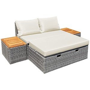 Devoko Beige Outdoor Daybed Set with Side Tables