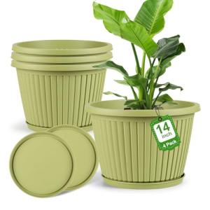 14-inch-Large-Planters-for-Outdoor-Plant，Plastic Indoor Flower Pots with Drainage Holes & Saucer，4 Packs Decorative Garden Pots for Plantfor Home Porch Decor