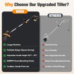 SOARFLY Upgraded Cordless Tiller for Gardening with Dual 2.0Ah Batteries, 48 Steel Tines Battery Rototiller, 9" Width 6.6" Depth Garden Tiller Cultivator for Soil, Tending & Composting (Orange)