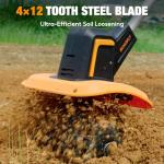 SOARFLY Upgraded Cordless Tiller for Gardening with Dual 2.0Ah Batteries, 48 Steel Tines Battery Rototiller, 9" Width 6.6" Depth Garden Tiller Cultivator for Soil, Tending & Composting (Orange)