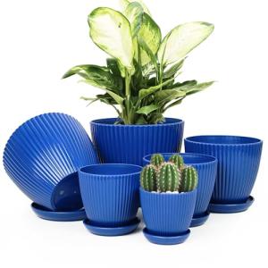 Vodotion - Plant Pots Indoor with Saucers & Drainage - 6 Pack Flower Pots - Plastic Planters for Indoor Planter - 7.5/6.6/5.8/5.0/4.3/3.5 inches Sizes for All Different Types of Plants-Dark Blue