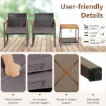 COSTWAY 3 Pieces Patio Rocking Bistro Set, Outdoor Wicker Acacia Wood Conversation Sets with Coffee Table & Cushion, Front Porch Rocker Chairs Rattan Furniture Set for Balcony, Garden, Pool (Gray)