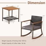 COSTWAY 3 Pieces Patio Rocking Bistro Set, Outdoor Wicker Acacia Wood Conversation Sets with Coffee Table & Cushion, Front Porch Rocker Chairs Rattan Furniture Set for Balcony, Garden, Pool (Gray)