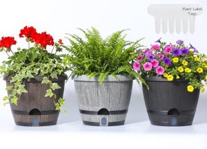 Sun-E 10 inch Plant Pots Self Watering Whiskey Barrel Planters with Drainage Hole&Saucer, Garden Home Indoor Outdoor Plants Pots, Planters for Indoor Plants, Gift Idea for Plant Lovers,Mixed Colors