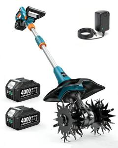 Cordless Tiller Cultivator for Gardening, 20V Electric Garden Rototillers with 2x4.0Ah Batteries, 9In Tilling Width,7In Depth, Adjustable Handle, Battery Powered Small Tiller for Soil/Cultivating/Lawn