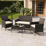 GAOMON 4-Piece Patio Furniture Set, Modern PE Rattan Conversation Set with 2 Chairs, Loveseat & Tempered Glass Coffee Table, All-Weather Outdoor Seating for Garden, Porch, Balcony, Poolside