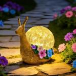 QCF Solar Snail Garden Decorations Outdoor Lights Yard Decor,Resin Fariy Statues Cracked Glass lamp Outside for Backyard Patio Lawn Porch,Unique Gifts for Women Mom Grandma