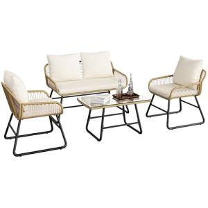 Yaheetech 4 Piece Patio Furniture Set, Outdoor Wicker Conversation Sets, Boho Loveseat & 2 Armchairs with Cushion and Pillow, Glass Top Table for Backyard, Porch, Balcony, Deck - Tan/Cream