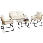 Yaheetech 4 Piece Patio Furniture Set, Outdoor Wicker Conversation Sets, Boho Loveseat & 2 Armchairs with Cushion and Pillow, Glass Top Table for Backyard, Porch, Balcony, Deck - Tan/Cream
