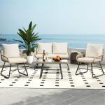 Yaheetech 4 Piece Patio Furniture Set, Outdoor Wicker Conversation Sets, Boho Loveseat & 2 Armchairs with Cushion and Pillow, Glass Top Table for Backyard, Porch, Balcony, Deck - Tan/Cream
