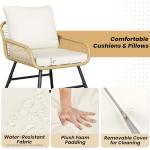 Yaheetech 4 Piece Patio Furniture Set, Outdoor Wicker Conversation Sets, Boho Loveseat & 2 Armchairs with Cushion and Pillow, Glass Top Table for Backyard, Porch, Balcony, Deck - Tan/Cream