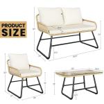 Yaheetech 4 Piece Patio Furniture Set, Outdoor Wicker Conversation Sets, Boho Loveseat & 2 Armchairs with Cushion and Pillow, Glass Top Table for Backyard, Porch, Balcony, Deck - Tan/Cream