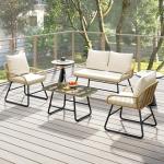 Yaheetech 4 Piece Patio Furniture Set, Outdoor Wicker Conversation Sets, Boho Loveseat & 2 Armchairs with Cushion and Pillow, Glass Top Table for Backyard, Porch, Balcony, Deck - Tan/Cream
