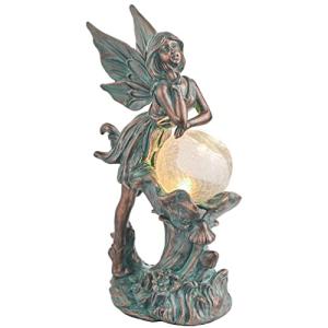 TERESA'S COLLECTIONS Fairy Garden Statues Outdoor Solar Light for Outdoor Decor, Patina Bronze Fairy Resin Garden Decor Sculptures with Crackle Glass, Lawn Ornaments Yard Decor Gifts for Mom, 12.4"