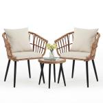 DUMOS 3 Pieces Outdoor Bistro Set, All-Weather PE Rattan Patio Furniture Set with Cushions, Steel Frame Table and Chairs for Balcony, Apartment, Porch, Beige