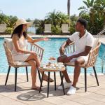 DUMOS 3 Pieces Outdoor Bistro Set, All-Weather PE Rattan Patio Furniture Set with Cushions, Steel Frame Table and Chairs for Balcony, Apartment, Porch, Beige