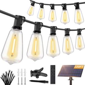 Brightever 100FT Solar String Lights Outdoor Waterproof with Remote, 36+2 Shatterproof ST38 LED Bulbs, Dimmable Patio Lights Solar Powered, 3 Lighting Modes Solar Lights for Backyard, Garden, Deck