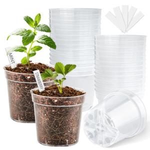 4 Inch Clear Nursery Pots for Plants, Plastic Plant Pot with Drainage Holes, Sturdy Seed Starter Pots, Small Transparent Seedling Pots with Plant Labels and Soil Screens, Gardening Gifts(30 Pack)