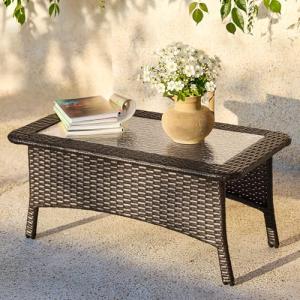 Tribesigns Outdoor Patio Furniture Set of Coffee Table, 35.4" Patio Wicker Coffee Table with Tempered Glass Top, Handwoven Rattan Coffee Table for Conversation Sets, Poolside, Deck, Brown