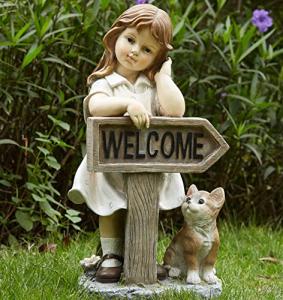 Floryden Girl Garden Statue with Solar LED Lights, Solar Girl Welcome Sign with Cat Garden Statue for Outdoor Decor, Porch, Patio, Yard Art Decorations, Polyresin 17.3 inch