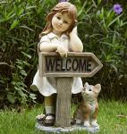 Floryden Girl Garden Statue with Solar LED Lights, Solar Girl Welcome Sign with Cat Garden Statue for Outdoor Decor, Porch, Patio, Yard Art Decorations, Polyresin 17.3 inch