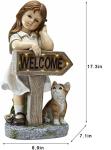 Floryden Girl Garden Statue with Solar LED Lights, Solar Girl Welcome Sign with Cat Garden Statue for Outdoor Decor, Porch, Patio, Yard Art Decorations, Polyresin 17.3 inch