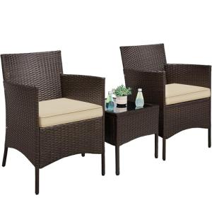 Yaheetech 3 Pieces Patio Porch Furniture Set, Outdoor PE Rattan Wicker Conversation Set with Soft Cushions, Glass Coffee Table & 2 Chairs for Garden/Deck/Courtyard/Poolside, Brown/Khaki