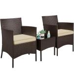 Yaheetech 3 Pieces Patio Porch Furniture Set, Outdoor PE Rattan Wicker Conversation Set with Soft Cushions, Glass Coffee Table & 2 Chairs for Garden/Deck/Courtyard/Poolside, Brown/Khaki