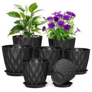 Meowell 7/6.5/6/5.5/5/4.5/4 inch Plant Pots for Indoor Outdoor Plants, 7 Pack Thick Flower Pots with Drainage Holes and Saucers, Modern Wave Texture Plastic Planter Pots for Nursery, Succulent, Black