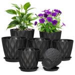 Meowell 7/6.5/6/5.5/5/4.5/4 inch Plant Pots for Indoor Outdoor Plants, 7 Pack Thick Flower Pots with Drainage Holes and Saucers, Modern Wave Texture Plastic Planter Pots for Nursery, Succulent, Black