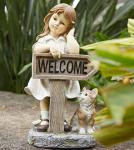 Floryden Girl Garden Statue with Solar LED Lights, Solar Girl Welcome Sign with Cat Garden Statue for Outdoor Decor, Porch, Patio, Yard Art Decorations, Polyresin 17.3 inch