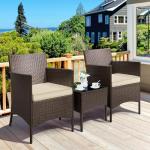 Yaheetech 3 Pieces Patio Porch Furniture Set, Outdoor PE Rattan Wicker Conversation Set with Soft Cushions, Glass Coffee Table & 2 Chairs for Garden/Deck/Courtyard/Poolside, Brown/Khaki